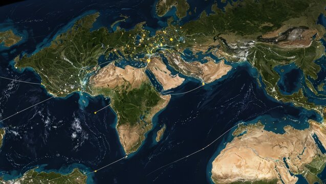 Earth at Night with Airplane Trails