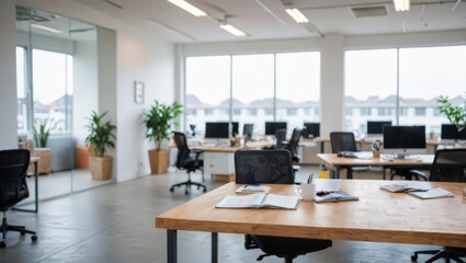 Modern Office Workspace with Wooden Desk and Open Notebook