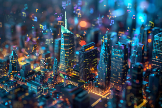 A cityscape with a lot of lights and music notes