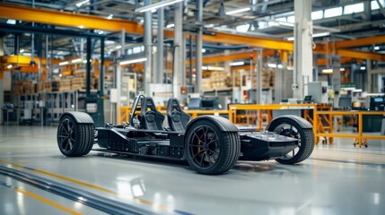 Naklejka premium Prototype electric sports car chassis with high-performance battery packs in a modern, high-tech factory, highlighting advanced engineering and design, leaving significant space for text
