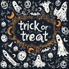 Halloween Ghost Illustration - Hand-drawn Halloween illustration featuring ghosts and pumpkins, creating a spooky atmosphere.