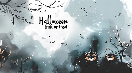 Halloween Black and White Illustration - Black and white Halloween illustration featuring pumpkins and bats, creating a mysterious atmosphere.