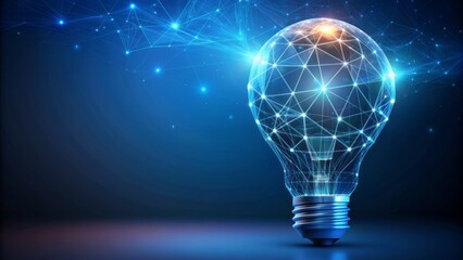 Elegant light bulb concept on a dark blue background with a polygonal shape, symbolizing innovative ideas, creativity, and technological advancements in business. 