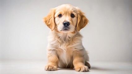Adorable fluffy golden retriever puppy with floppy ears and big brown eyes sits alone on transparent background, gazing upwards with curious expression.