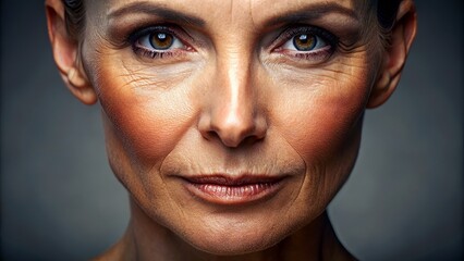 Intense magnified portrait of a woman's face, showcasing every subtle facial feature, wrinkle, and pore in exquisite, sharp, and radiant detail.