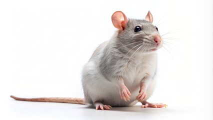 Isolated, anxious rodents, lab rat sitting upright on a clean, bright, well-lit, plain, white, uniform background with slight shadow, emphasizing solitary, laboratory subject.