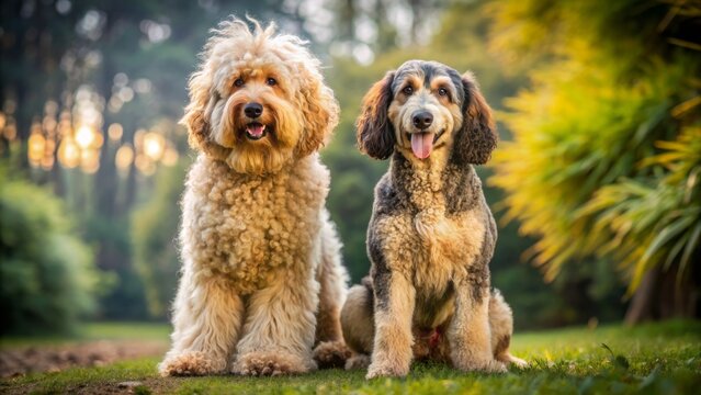 A curious, fluffy shepadoodle with a german shepherd's agility and a poodle's intelligence, showcasing a unique, low-shedding coat in a natural outdoor setting.