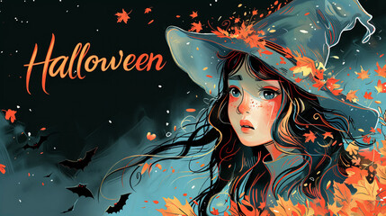 Halloween Witch - a witch with flying leaves and bats in the background, creating a mysterious Halloween atmosphere.