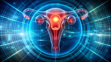 Futuristic medical interface displays a 3d uterus model with a red warning symbol, indicating vasectomy procedure, amidst a sleek, high-tech background.