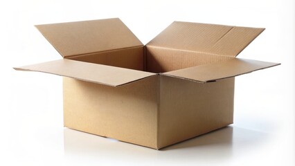 A worn, open brown cardboard box with flaps unfolded, sits isolated on a pristine white background, awaiting contents for relocation or storage purposes.