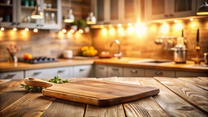 Rustic wooden deck cutting board placed on blurred kitchen background with subtle lighting, adding warmth and coziness to the culinary ambiance of a modern kitchen setting.