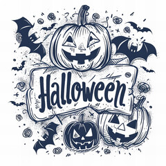 Halloween Hand-Drawn Art - A black and white style Halloween illustration featuring elements of jack-o'-lanterns and bats.