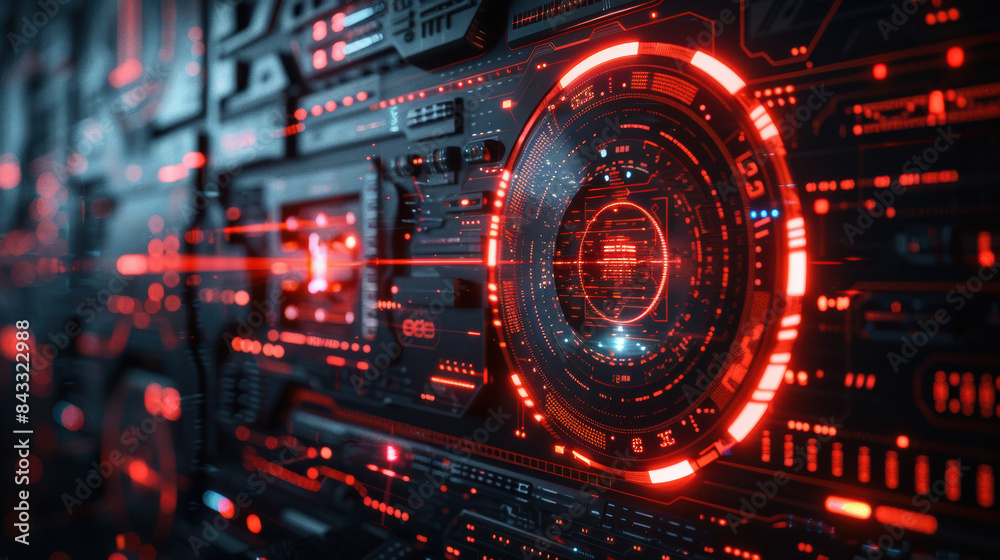 Poster futuristic red and black digital interface with glowing circles and data points, representing advanc