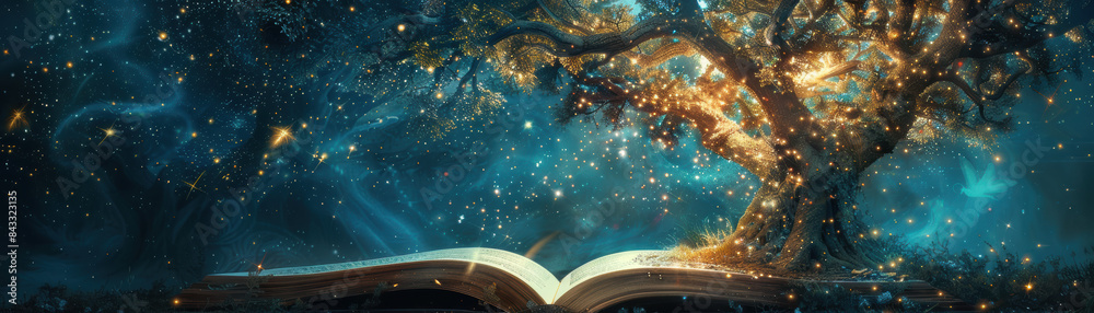 Wall mural an enchanting open book emits magical light under a mystical tree. stars and sparkles illuminate the