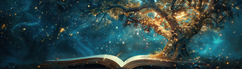 An enchanting open book emits magical light under a mystical tree. Stars and sparkles illuminate the scene, evoking fantasy and wonder. © tonstock