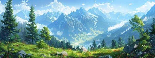 Fototapeta premium An illustration of a serene mountaintop with panoramic views of valleys, forests, and distant peaks.
