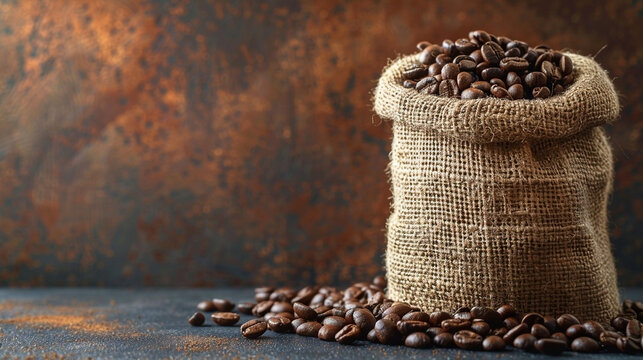 A rustic burlap sack overflowing with fresh coffee beans against a textured, rustic background, perfect for coffee shop marketing and culinary visuals.
