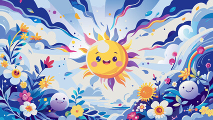 Obraz premium Vibrant Cartoon Sun and Happy Clouds in a Colorful Fantasy Landscape