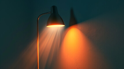 There is a black lamp on a wooden table. The lamp is turned on, and the light is casting shadows on the wall behind it.
