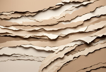 Torn paper pieces stacked on beige surface, forming a textured layered background with space for text.