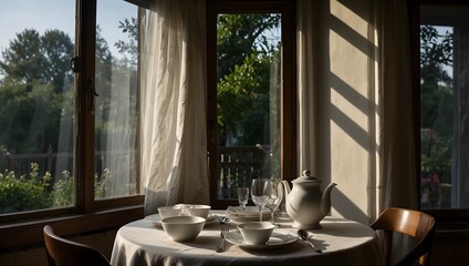 Fototapeta premium A chilling gust of wind rattles the windows, setting the tableware trembling in anticipation of unseen guests ai-generated