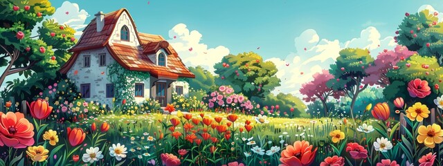 An illustration of a charming cottage surrounded by a lush garden filled with roses, tulips, and daisies.