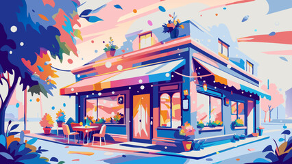 Obraz premium Vibrant Cafe Terrace in a Colorful Illustration