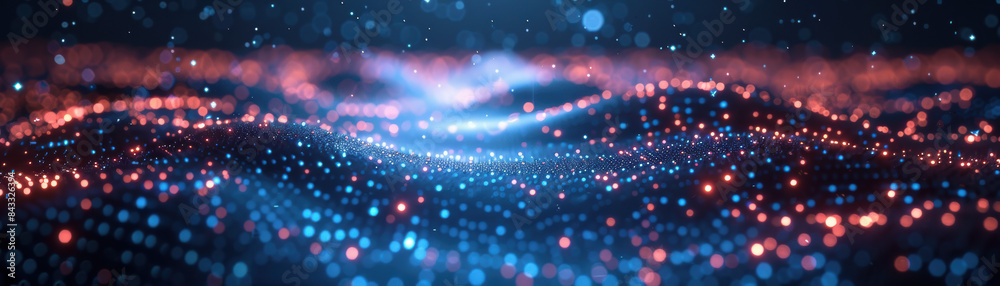 Poster abstract digital landscape with glowing blue and red particles, representing data flow and technolog
