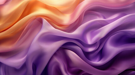 Fototapeta premium Colorful silk fabric abstract background with flowing folds and gradients in orange and purple hues, creating a soft and luxurious texture.