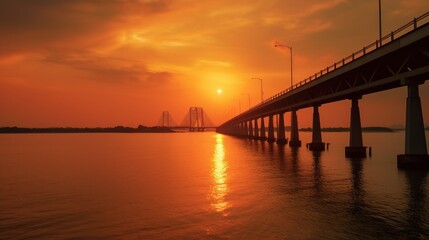 Obraz premium a stunning view of a steel bridge with a stunning sunset in the background