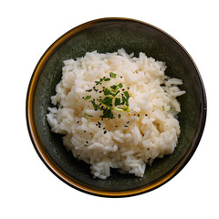 Close-up of a bowl of white rice with parsley on a white background