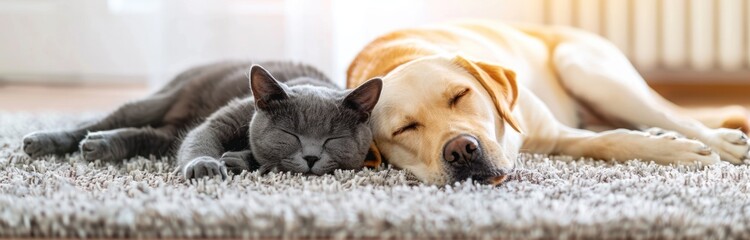 Fototapeta premium Realistic photo of a happy gray cat and yellow Labrador dog lying on the carpet, closeup portrait with a banner having space for text or logo, blurred background, minimalist style, pastel colors,