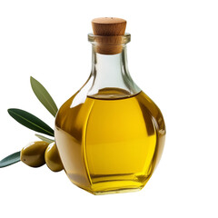 Bottle of olive oil next to a bowl of olives on a white background