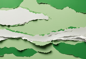 Fototapeta premium Let your imagination soar with a green backdrop showcasing paper cutouts of mountains. The layered ripped paper adds texture and creativity