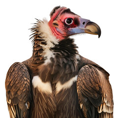 Close-up of Lappet-faced vulture head with red wattle and blue eyes