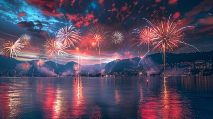 Brilliant firework display over tranquil Lake Geneva in summer commemorating Switzerlands National Day with vibrant colors