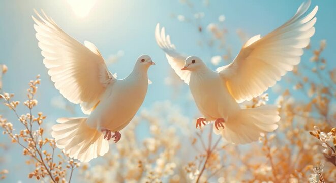 White doves on a clear blue sky, peaceful and serene celebration theme