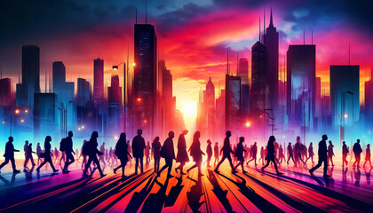 Silhouettes of People Walking in a City at Sunset