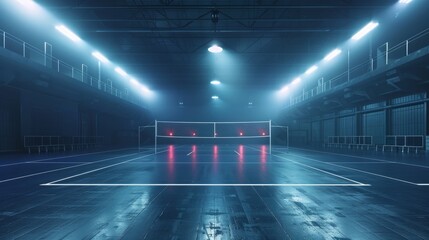 Empty professional volleyball court in lights