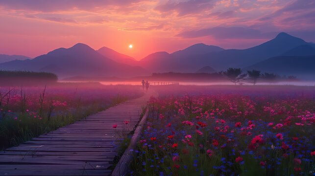Romantic Sunset Walk on a Wooden Path Amidst Blooming Flowers
