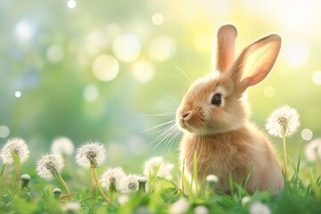 Obraz premium Cute brown rabbit in a green field of dandelions, looking at the camera on a sunny spring day. Easter themed background with open space. Easter bunny concept. 