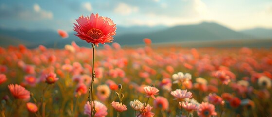 A lone red flower stands in a field of pink flowers
