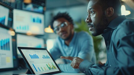 Two financial analysts discussing data on digital tablet in modern office with multiple screens
