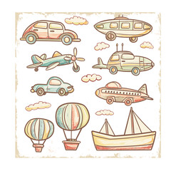 vintage clipart for scrapbooking, vintage transportation theme, airplane cars boat hot air balloon and more