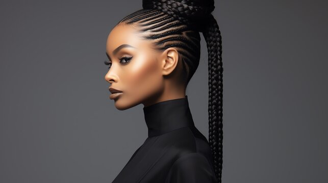 Box braids styled into a high ponytail