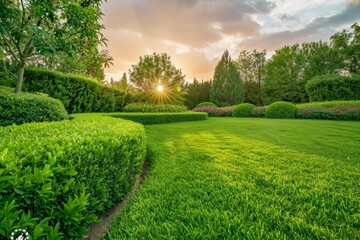 Fototapeta premium Fresh green grass smooth lawn as a carpet with curve form of bush, trees on the background, good maintenance lanscapes in a garden under cloudy sky and morning sunlight