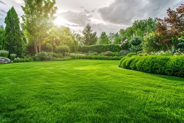 Fresh green grass smooth lawn as a carpet with curve form of bush, trees on the background, good maintenance lanscapes in a garden under cloudy sky and morning sunlight