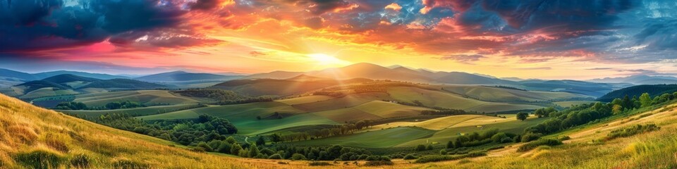 Panorama colorful magnificent sunset in countryside above hills and fields, beauty nature background