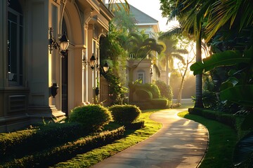 Obraz premium /imagine: Early morning view of a luxurious suburban house with elegant architecture, soft sunlight on the pathway, and lush greenery, captured by an HD camera.