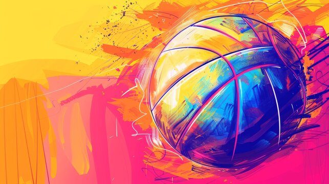 Volleyball tournament simple vector background, banner, poster with color ball sketch. One line drawing art illustration of volleyball ball